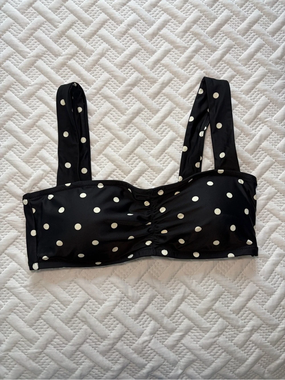 aerie | Black and White Polka Dot Ruched Wide Strap Bandeau Bikini Top NWT